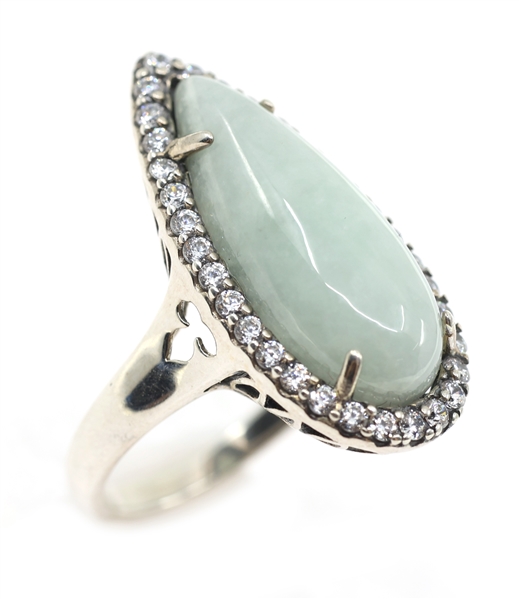 STERLING SILVER JADE & 0.66 CTW DIAMOND COCKTAIL RING