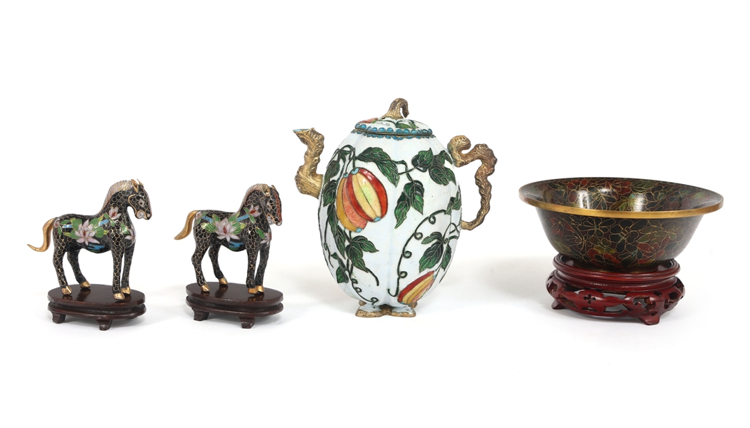 CHINESE CLOISONNE TEAPOT, BOWL, & FIGURINES