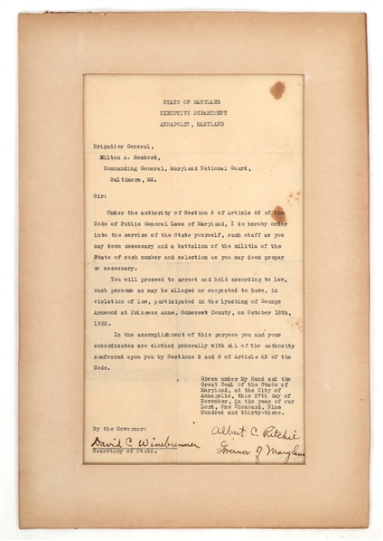1933 GOV. ALBERT RITCHIE DIRECTIVE TO BRIG. GENERAL