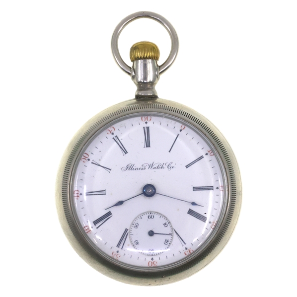 MENS ILLINOIS WATCH CO. SILVER-TONE CASE POCKET WATCH