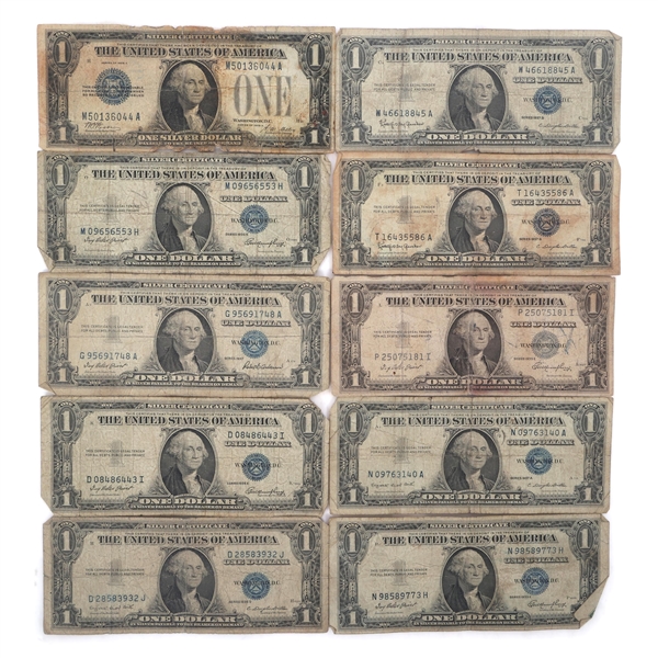 US $1 BLUE SEAL SILVER CERTIFICATES - LOT OF 10