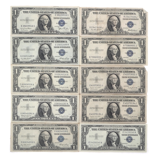 US $1 BLUE SEAL SILVER CERTIFICATES - LOT OF 10