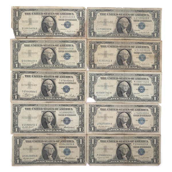 US $1 BLUE SEAL SILVER CERTIFICATES - LOT OF 10