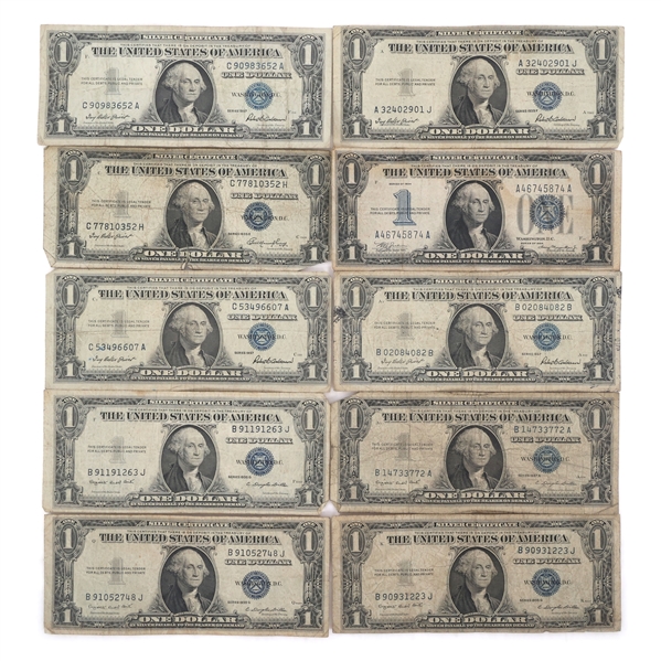 US $1 BLUE SEAL SILVER CERTIFICATES - LOT OF 10