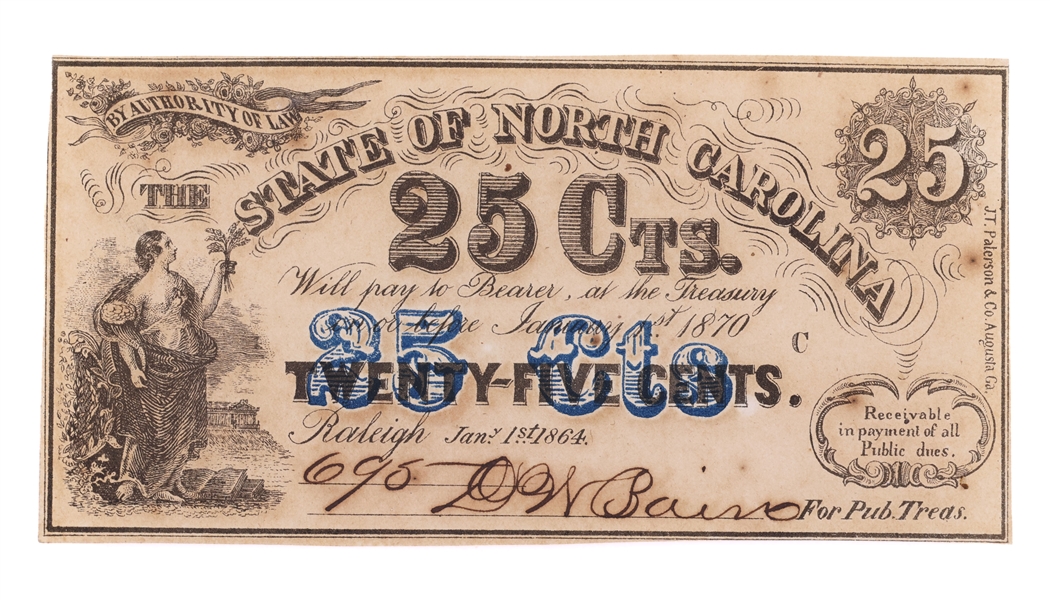 1864 OBSOLETE NORTH CAROLINA 25C FRACTIONAL CURRENCY