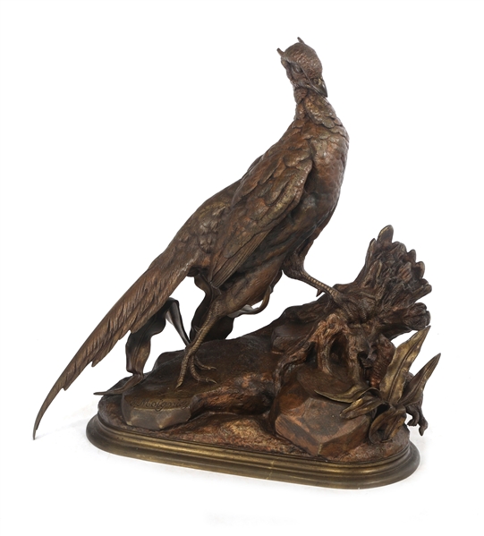 AFTER JULES MOIGNIEZ PHEASANT & WEASEL BRONZE SCULPTURE