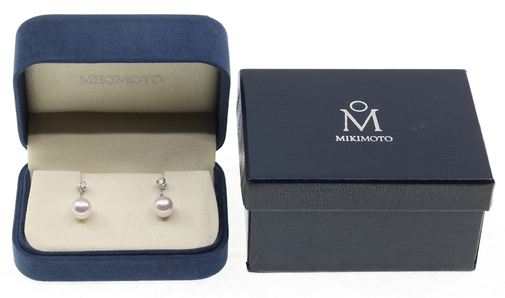18K WHITE GOLD MIKIMOTO PEARL & DIAMOND DROP EARRINGS