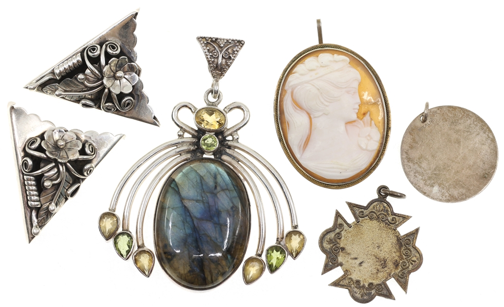 STERLING SILVER PENDANTS, BROOCH, & COLLAR TIPS