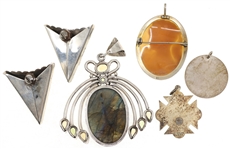 STERLING SILVER PENDANTS, BROOCH, & COLLAR TIPS