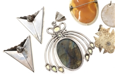 STERLING SILVER PENDANTS, BROOCH, & COLLAR TIPS