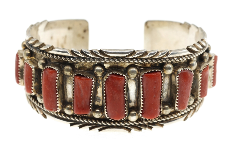 STERLING SILVER RAY BEGAY RED CORAL CUFF BRACELET