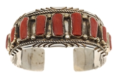 STERLING SILVER RAY BEGAY RED CORAL CUFF BRACELET