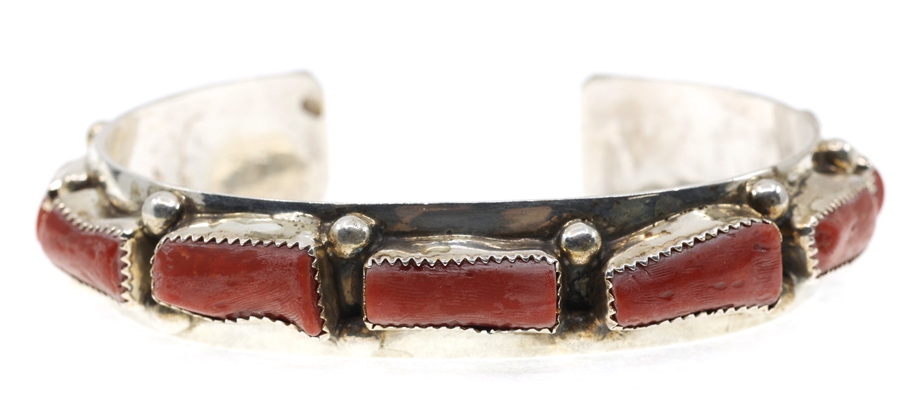 STERLING SILVER RAY BEGAY RED CORAL CUFF BRACELET