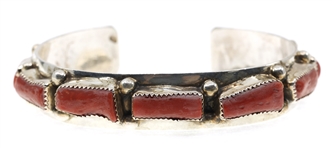 STERLING SILVER RAY BEGAY RED CORAL CUFF BRACELET