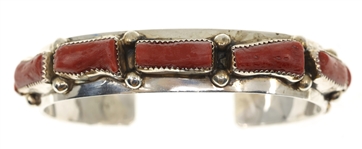 STERLING SILVER RAY BEGAY RED CORAL CUFF BRACELET