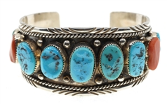 STERLING SILVER GLEN WILLIE TURQUOISE & CORAL BRACELET