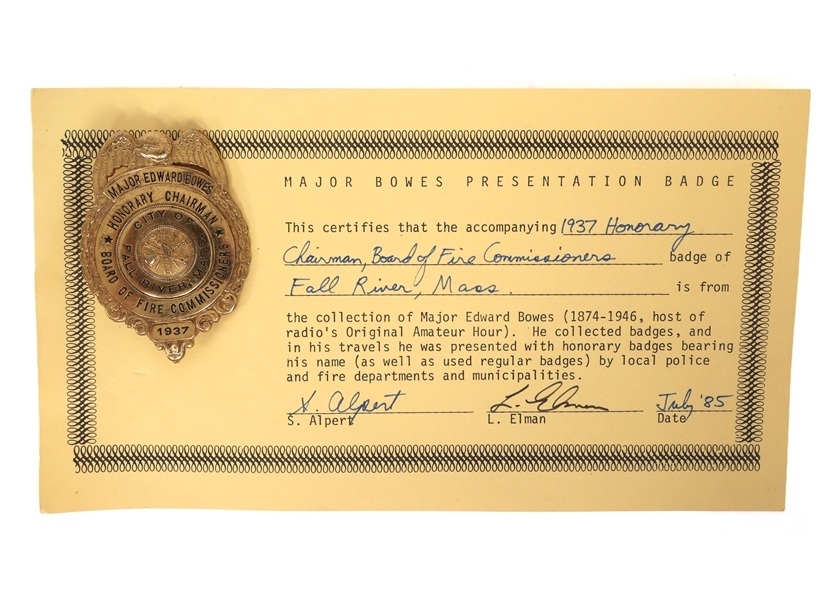 MAJOR BOWES AMATEUR HOUR FALL RIVER MA 1937 FIRE BADGE