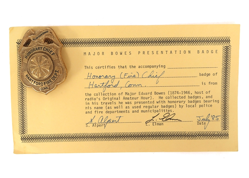 MAJOR BOWES AMATEUR HOUR HARTFORD, CT FIRE CHIEF BADGE
