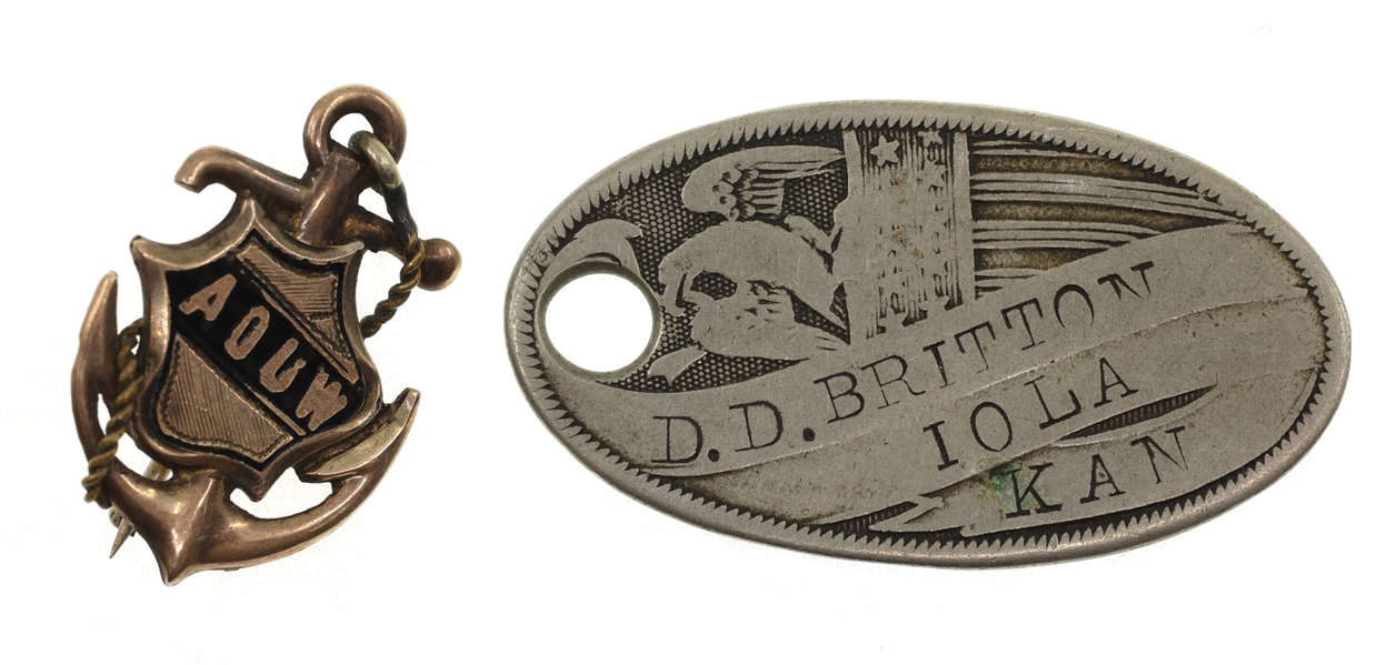 10K YELLOW GOLD A.O.U.W. PIN & MATCHING NICKEL ID TAG
