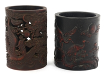 CHINESE CARVED WOODEN BRUSH POTS 