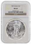 1987 US SILVER EAGLE $1 COIN NGC MS69