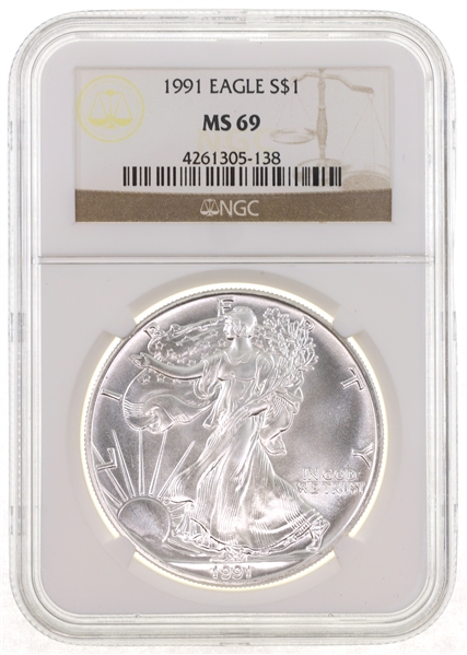 1991 US SILVER EAGLE $1 COIN NGC MS69