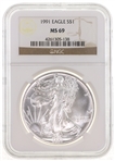 1991 US SILVER EAGLE $1 COIN NGC MS69