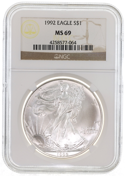 1992 US SILVER EAGLE $1 COIN NGC MS69