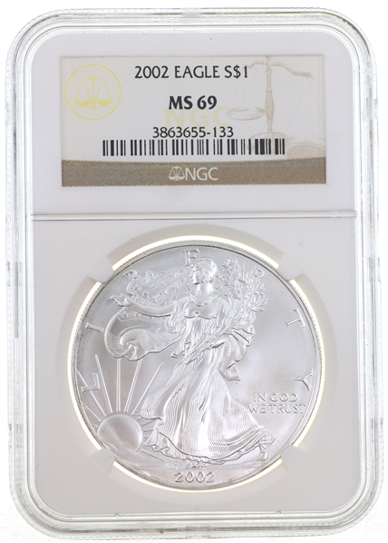 2002 US SILVER EAGLE $1 COIN NGC MS69