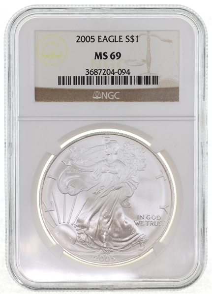 2005 US SILVER EAGLE $1 COIN NGC MS69