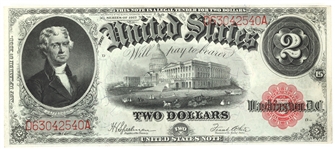 1917 US $2 RED SEAL LARGE NOTE XF-AU
