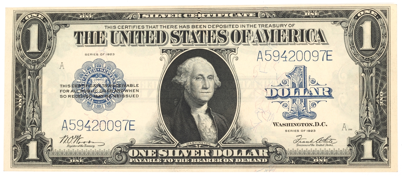 1923 US $1 BLUE SEAL SILVER CERTIFICATE LARGE NOTE XF-AU