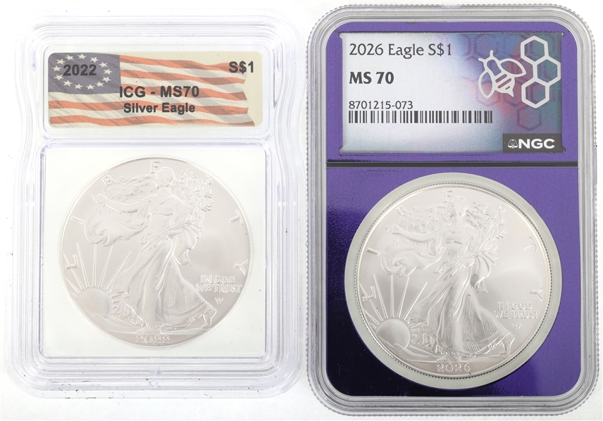 2022 & 2026 US SILVER EAGLE $1 COINS NGC & ICG MS70