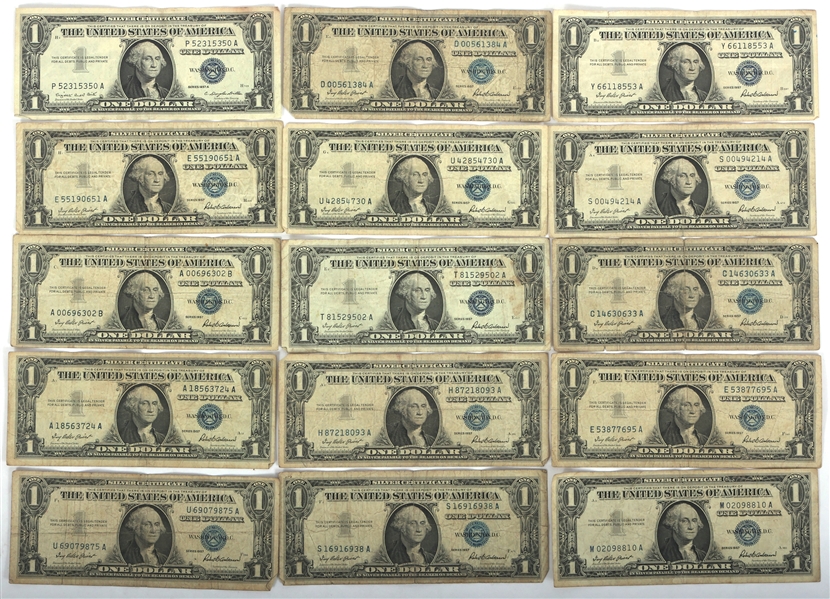 1957 US $1 BLUE SEAL SILVER CERTIFICATES $15 FACE