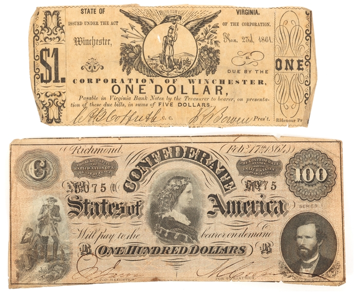 1860s OBSOLETE CURRENCY CORP OF VA $1 & CSA VA $100