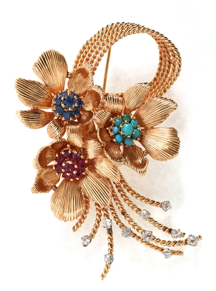 14K GOLD DIAMOND & MULTI-STONE FLORAL SPRAY BROOCH