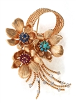 14K GOLD DIAMOND & MULTI-STONE FLORAL SPRAY BROOCH