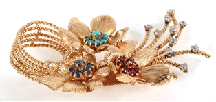 14K GOLD DIAMOND & MULTI-STONE FLORAL SPRAY BROOCH