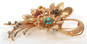 14K GOLD DIAMOND & MULTI-STONE FLORAL SPRAY BROOCH
