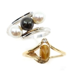 10K WHITE & YELLOW GOLD PEARL & TIGERS EYE RINGS