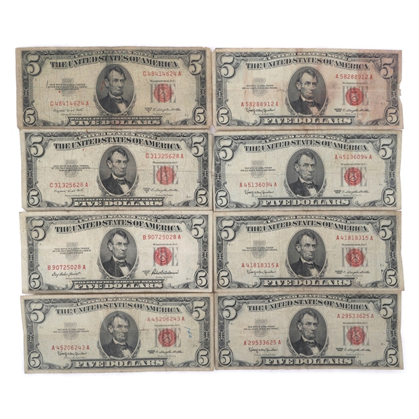US $5 RED SEAL NOTES - LOT OF 8